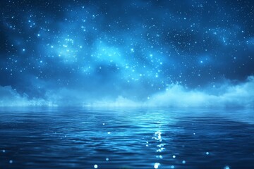 Night sky illuminates calm ocean surface with stars and clouds reflecting in serene blue tones