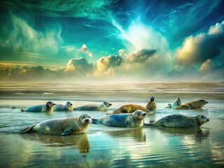 Fototapeta premium Double exposure reveals playful seals intertwined with Wadden Sea's textured sandbank, a breathtaking natural fusion.