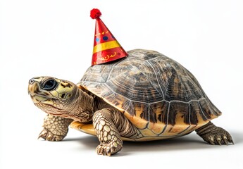 Obraz premium Happy tortoise wearing a festive party hat celebrating a special occasion with joy and charm in a bright and colorful atmosphere on a white background