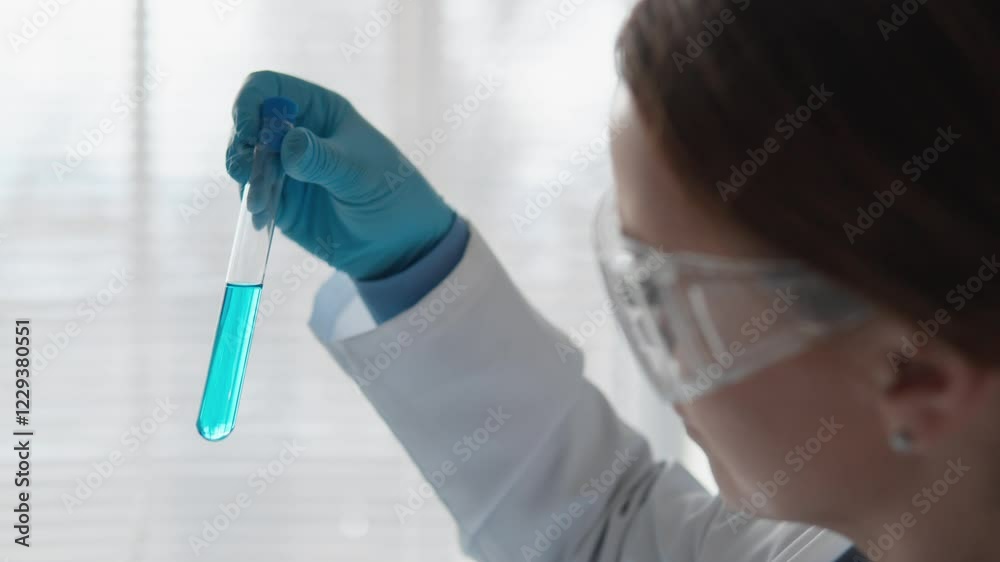 Poster University scientist studies genetic mechanisms, discovering and using new opportunities in field genetic engineering and therapy. Medical worker, chemist, pharmacist, biologist looking in microscope