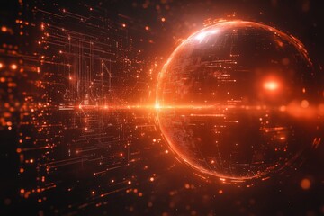 Obraz premium Futuristic digital landscape featuring an illuminated planet and dazzling particles in a dark cosmic setting