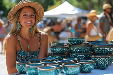 Smiling woman selling handmade pottery at craft fair on sunny day in open market