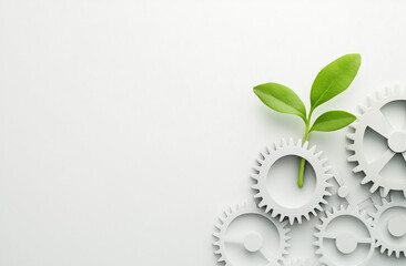 Ingranaggi e una piantina su sfondo bianco. Sviluppo sostenibile. Industria sostenibile. 