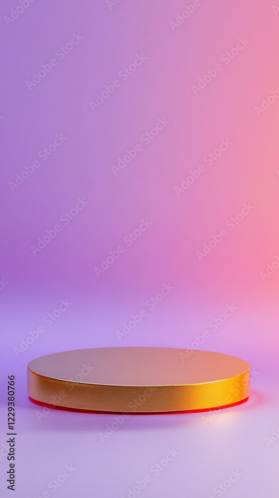 Poster A gold podium with sharp geometric edges stands centered, bathed in a gradient of soft purple and pink light, evoking a sense of elegance and artistic flair in the ambient space