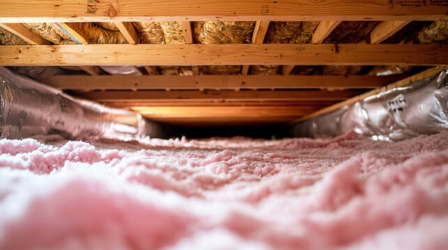 A crawl space with a white vapor barrier covering the ground, wooden beams overhead, and pink insulation between the floor joists.