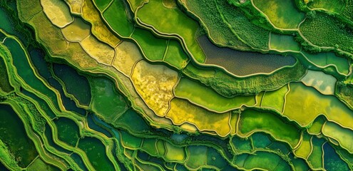 Fototapeta premium Aerial View of Rice Terraces: An abstract aerial shot reveals vibrant green and gold rice terraces cascading down a hillside, creating a mesmerizing pattern of nature's artistry.