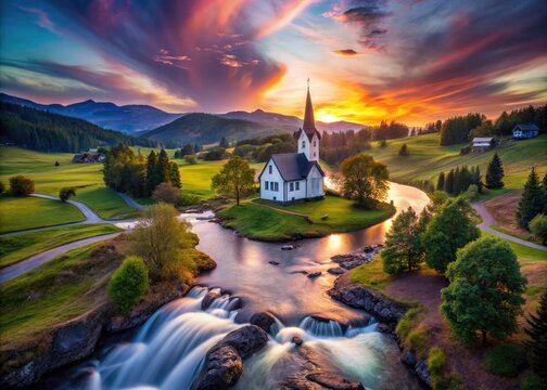 Dreamlike photography captures a surreal church nestled in the idyllic Ringebu countryside.