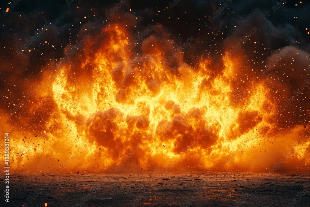 Poster Explosive eruption creates a fiery scene under darkened clouds at a remote location
