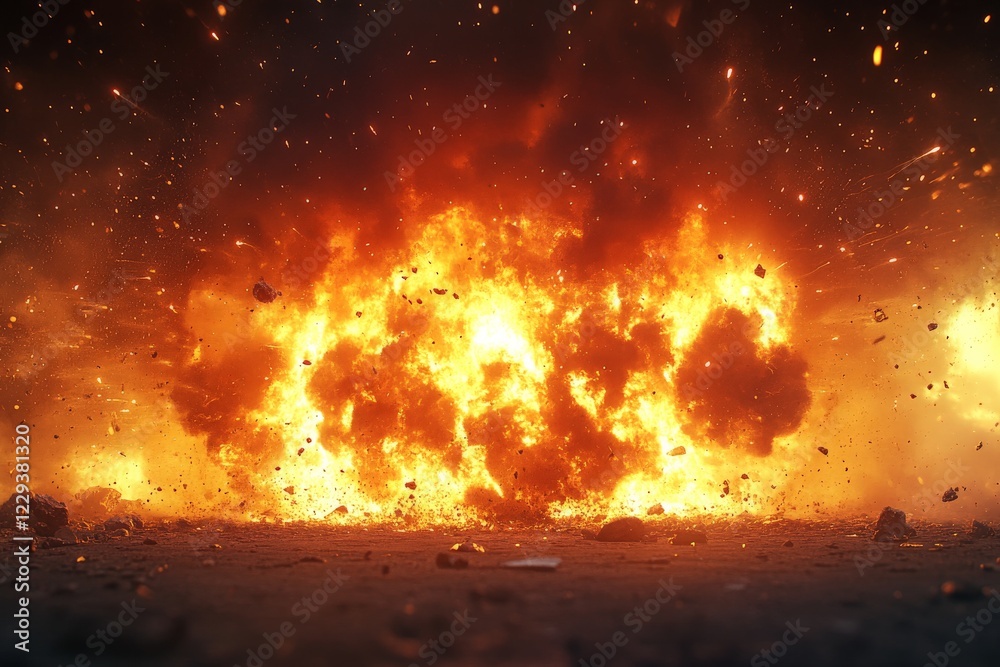 Poster explosive fireball erupts in a dramatic display of fire and debris at a nighttime setting