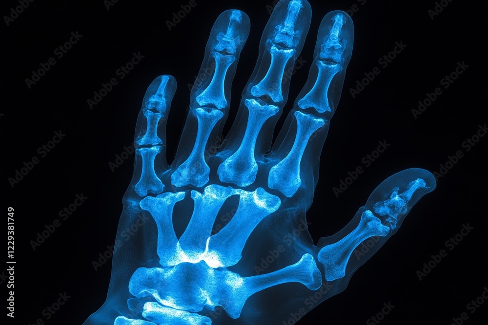 Poster x-ray of a human hand showing bone structure and joint articulation details in clear transparency