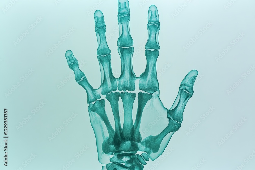 Poster X-ray image of a human hand showcasing skeletal structure with a teal hue against a pale background