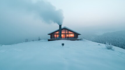 Naklejka premium A cozy winter cabin with smoke curling from the chimney in a snowy landscape.