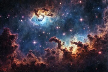 Naklejka premium A vibrant nebula with cloud formations and scattered stars in the cosmos, AI generated