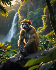 Obraz premium Langur on its habitat, Papua Forest, extinct animal sunset, tropical forest, river, created by generative ai