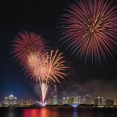 Colorful fireworks display over a city skyline reflection in water at night, creating a festive atmosphere, AI generated