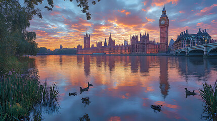Obraz premium A beautiful view of the London skyline reflected in the water. The water is calm and the sky is clear