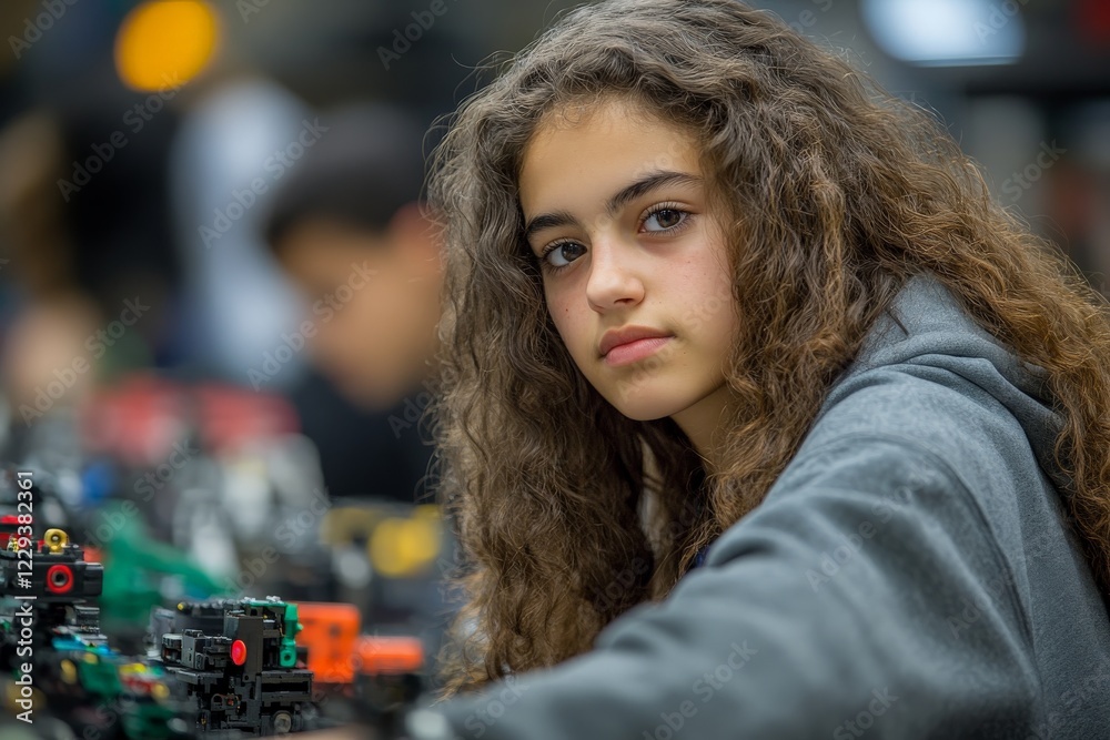 Aufkleber Young girl focuses on building a complex structure at a robotics workshop in a community center during an afternoon session