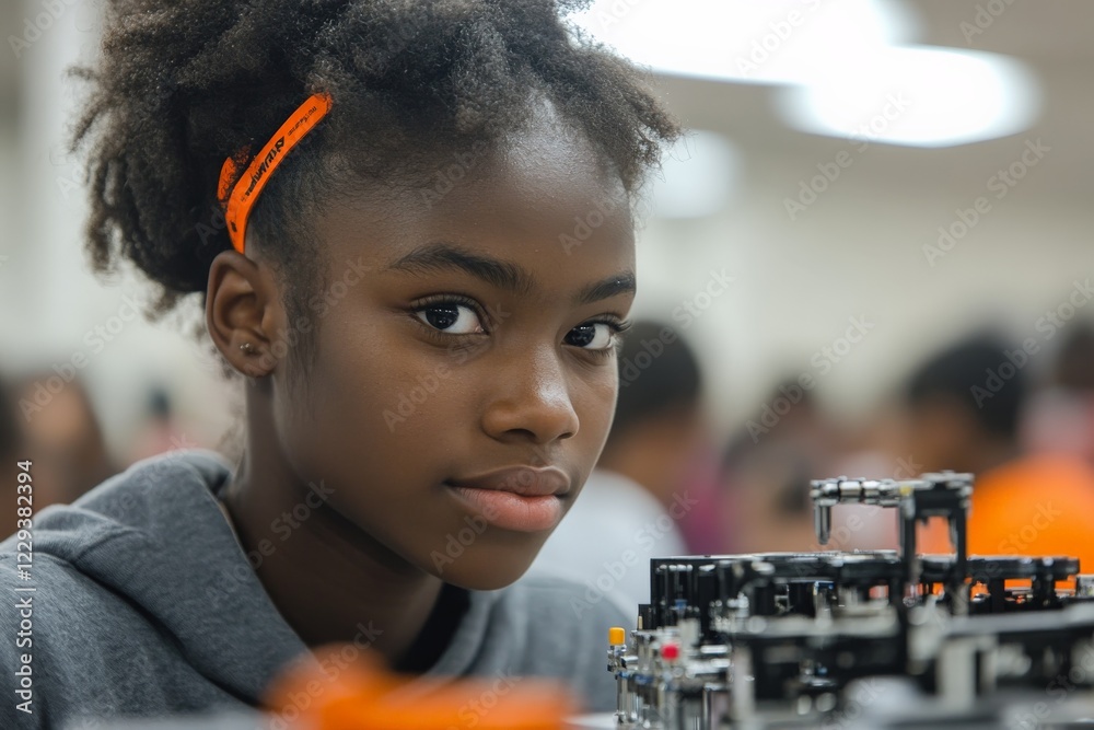 Poster young student engaged in robotics project during educational workshop
