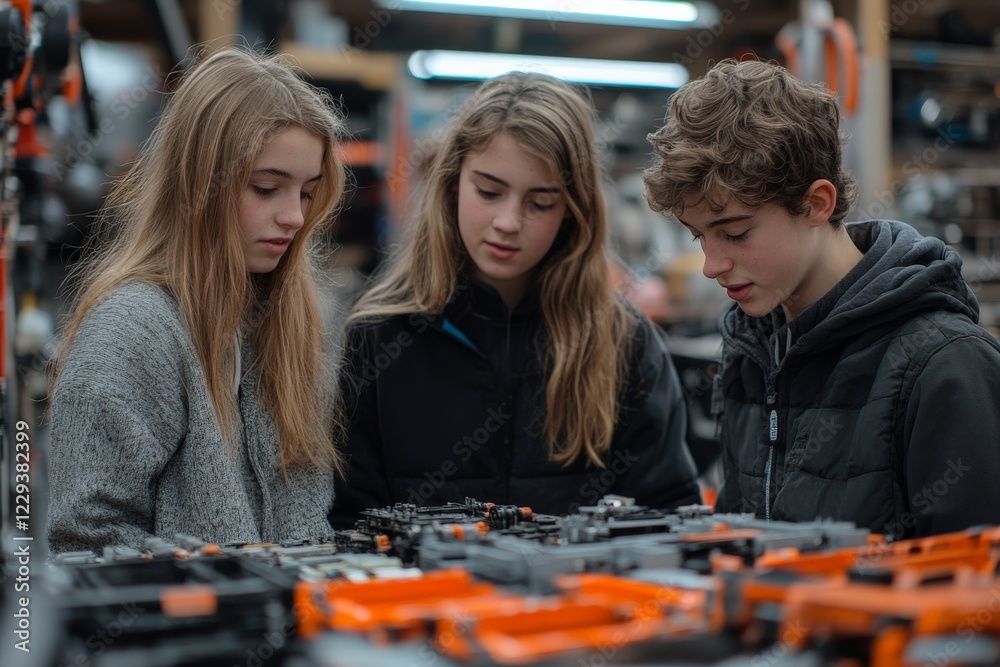 Aufkleber Teens engaged in hands-on learning about mechanics at a workshop with various tools in the background