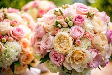Romantic bridal bouquet: Lavish blush and cream blooms captured candidly.