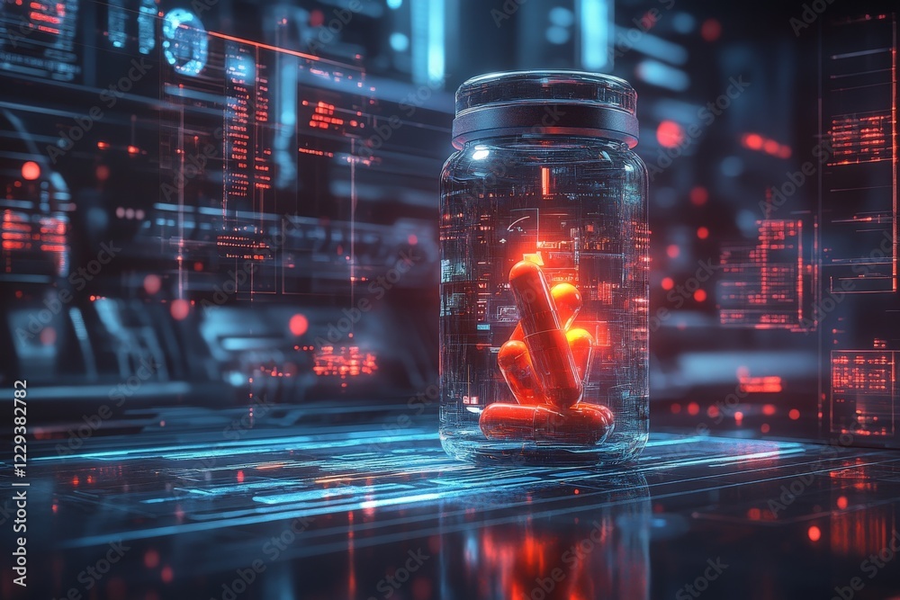 Poster futuristic laboratory displaying glowing orange capsules inside a glass jar with a high-tech backgro
