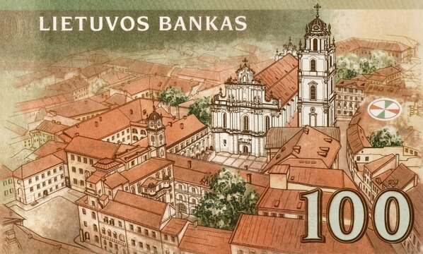 Vilnius old town on 100 Litu 2007 banknote from Lithuania