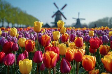 Colorful field of tulips with traditional windmills in the background, in Netherlands, AI generated