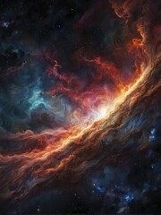 Fototapeta premium A vibrant cosmic scene with colorful nebulae, swirling clouds, and a captivating dark celestial atmosphere, AI generated