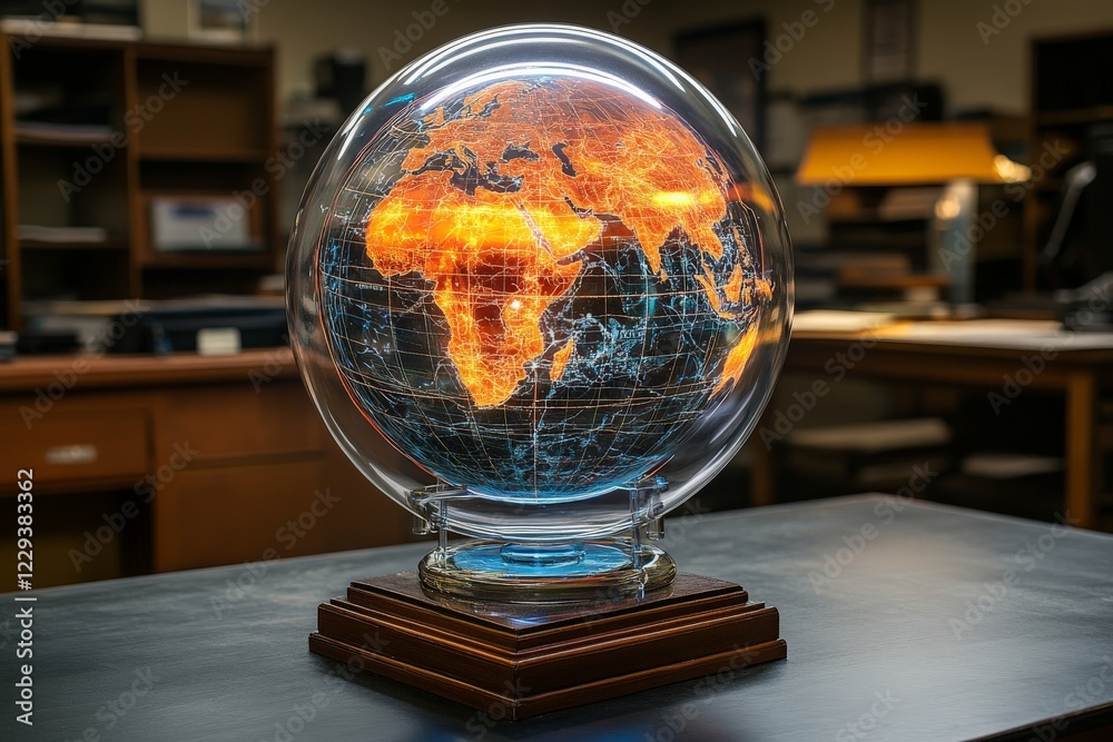 Aufkleber Glowing globe of the world displayed on a wooden base in a well-lit office environment showcasing continents and oceans