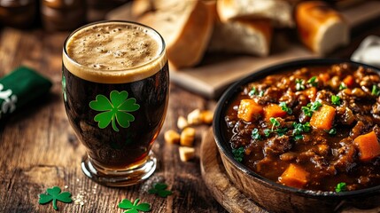 Rich stew paired with dark beer, adorned with shamrock, celebrat