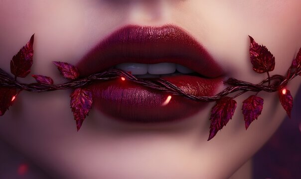 Enchanting lips, autumn leaves, glowing lights, close-up, fantasy art