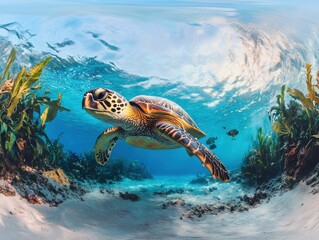 Fototapeta premium Majestic Green Sea Turtle Swimming Gracefully Through a Vibrant Coral Reef Under Crystal Clear Ocean Water