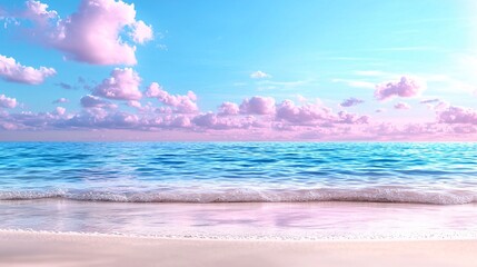 Fototapeta premium Beach summer marketing campaigns concept. Serene ocean scene at sunset with soft pink clouds and gentle waves lapping at a sandy shore, evoking tranquility and beauty.