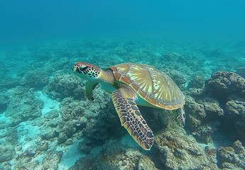 Majestic Green Sea Turtle Swimming Gracefully Over Vibrant Coral Reef Under Clear Blue Ocean Water