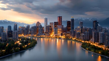 Calgary skyline glowing with pastel purples and rich copper shades, highlighting intricate architectural designs at dusk, Ultra-Realistic, Photo Realistic, highly detailed 