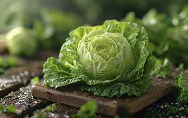 Fototapeta premium A fresh green cabbage with water droplets on a wooden surface, suggesting crispness, AI generated