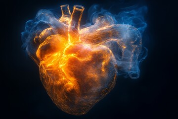 Heart illuminated by vibrant flames and smoke, showcasing intense energy and emotion in an artistic representation