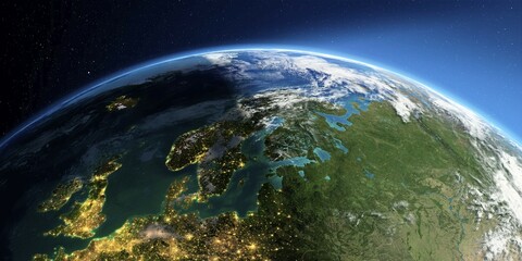 Highly detailed Earth with atmosphere, exaggerated relief and light-flooded cities. Transition from night to day. Europe. Scandinavia. 3D rendering. Elements of this image furnished by NASA