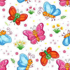 Seamless pattern with cute with different butterflies on a white background. Vector illustration with insect in cartoon style.