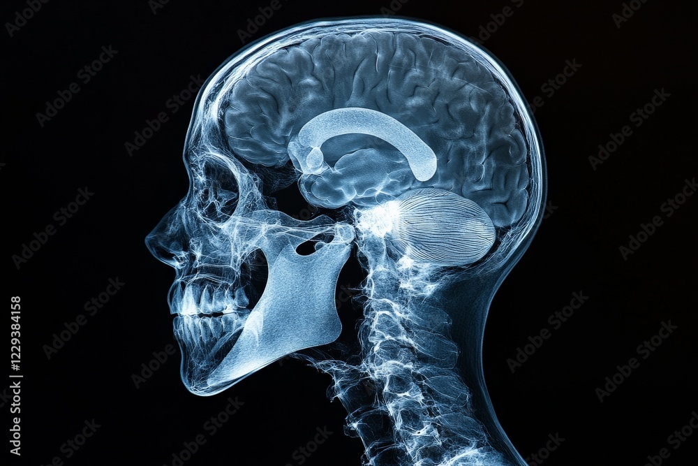 Aufkleber x-ray of human skull and brain highlighting neurological structure in a medical setting