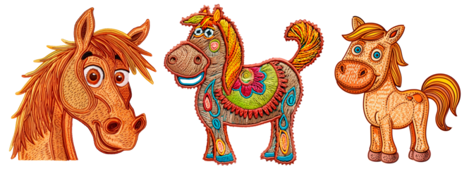 Set of embroidered horse illustrations with colorful patterns, expressive faces, and detailed stitching on a dark background. Perfect for textile design, kids' projects, and creative crafts.