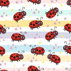 Seamless pattern with cute ladybug on a background. Vector illustration with insect in cartoon style.