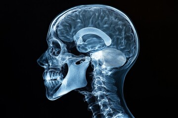 X-ray of human skull and brain highlighting neurological structure in a medical setting