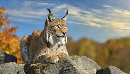 Fototapeta premium AI generated, animal, animals, mammal, mammals, biotope, habitat, a, individual, foraging, wildlife, lynx, (Lynx lynx), autumn, resting, lying on rocks, autumn forest, seasons