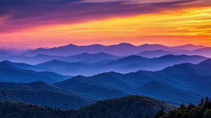 Fototapeta premium Majestic Sunset Over the Blue Ridge Mountains: A Breathtaking Panorama of Layers and Hues
