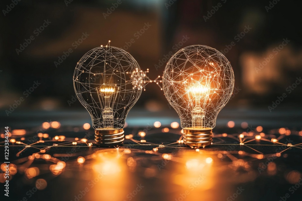 Aufkleber Light bulbs connect through glowing lines to symbolize innovation and ideas in a dark setting