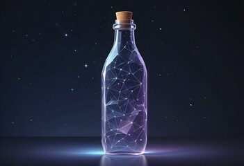 Glass bottle with a cork, glowing neon constellations inside, against a dark starry background, AI generated