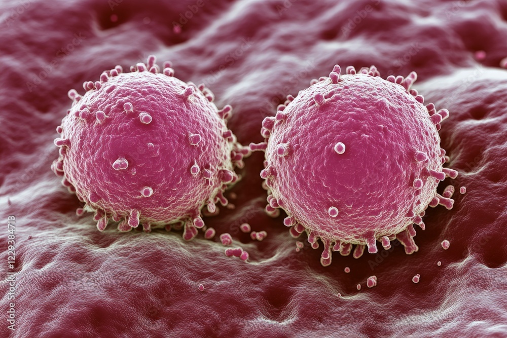 Aufkleber microscopic view of two pink bacteria with surface structures in a textured environment
