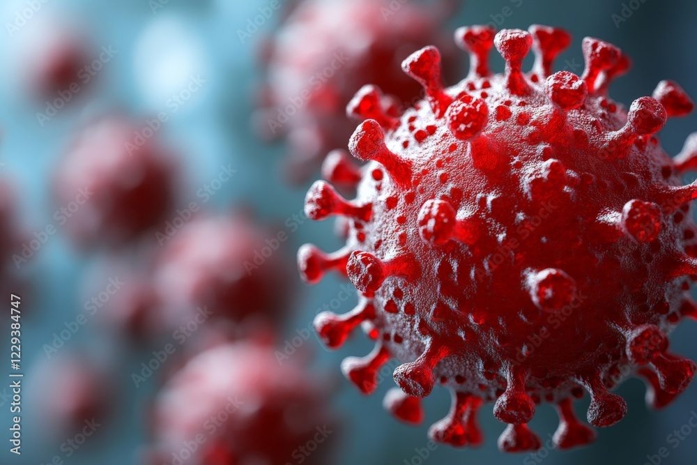 Poster coronavirus cells are magnified under a microscope showcasing their structure and surface features i