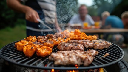 A cheerful family gathering around a barbecue in the backyard.